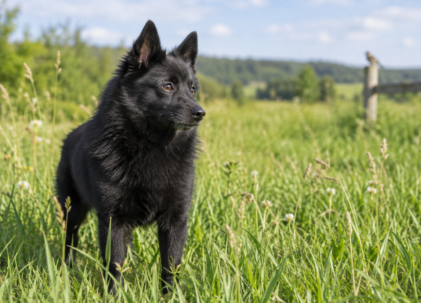 Schipperke pozorne načúva zvukom na pokojnej slnečnej lúke